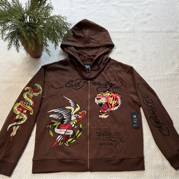 Ed Hardy Other - (Sold) NWT Ed Hardy Brown Hoodie with Graphic Motifs Size L